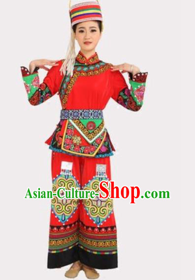 Chinese Ethnic Torch Festival Performance Red Outfits Traditional Yi Nationality Folk Dance Costumes