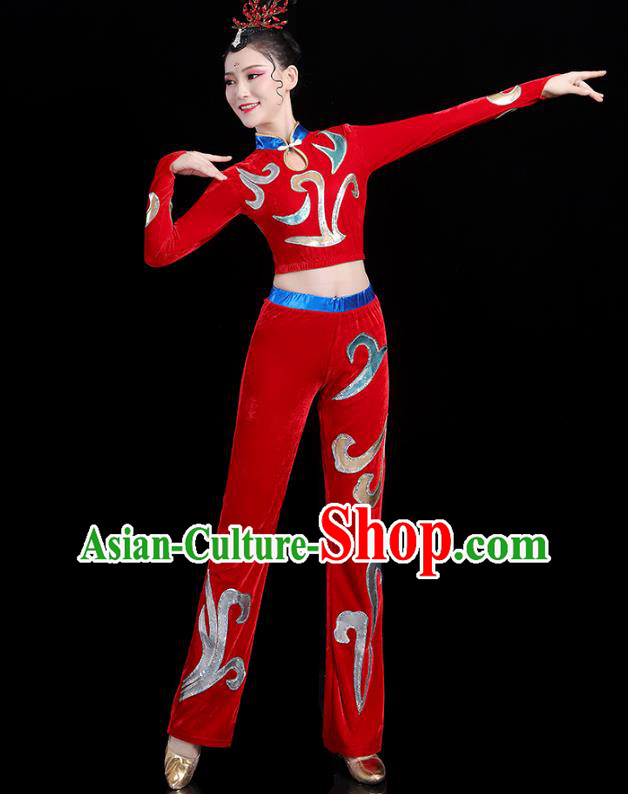 China Modern Dance Costume Bodybuilding Competition Red Outfits Aerobics Training Clothing