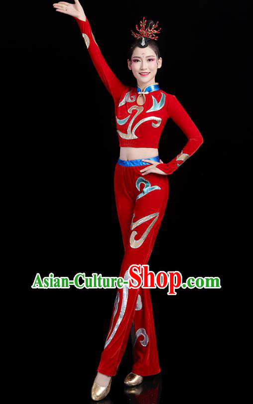 China Modern Dance Costume Bodybuilding Competition Red Outfits Aerobics Training Clothing