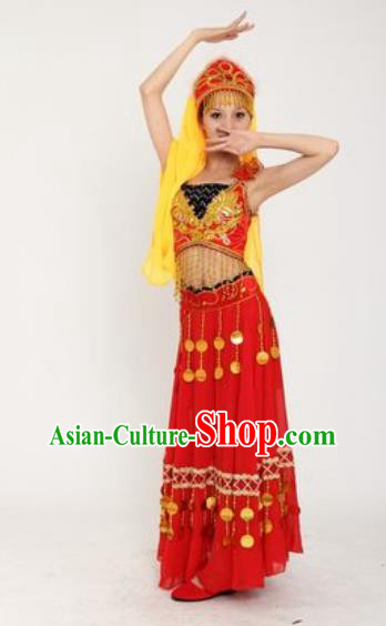 Chinese Xinjiang Ethnic Dance Red Dress Outfits Traditional Uygur Nationality Performance Female Costumes