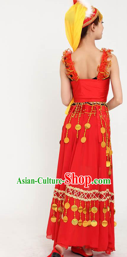 Chinese Xinjiang Ethnic Dance Red Dress Outfits Traditional Uygur Nationality Performance Female Costumes
