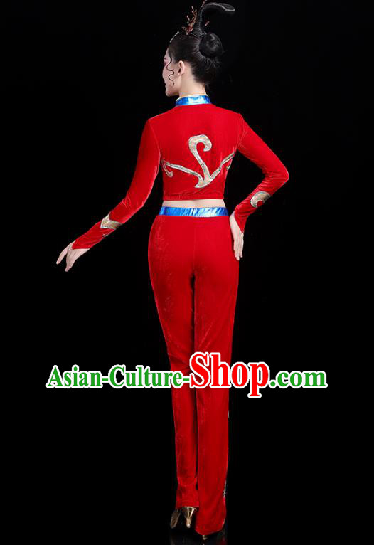 China Modern Dance Costume Bodybuilding Competition Red Outfits Aerobics Training Clothing