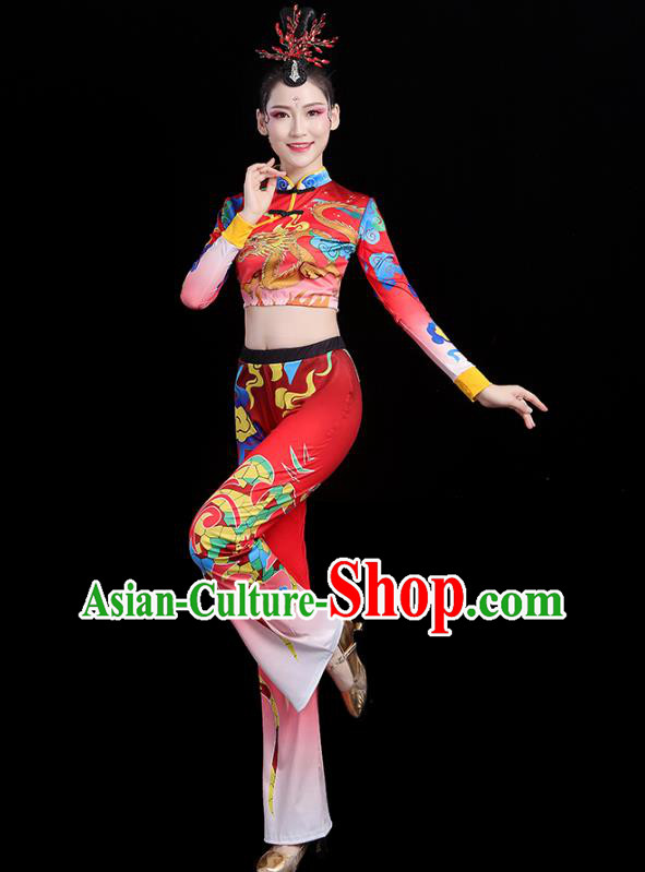China Bodybuilding Competition Printing Dragon Red Outfits Aerobics Training Clothing Modern Dance Costume