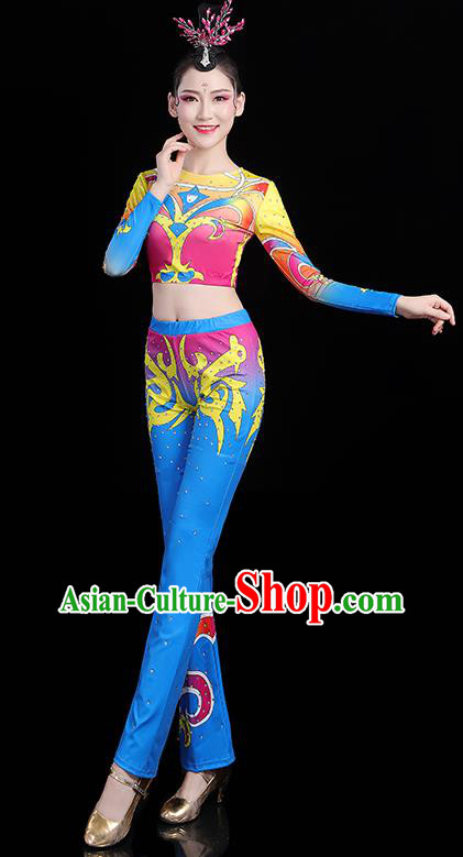 China Aerobics Bodybuilding Competition Clothing Group Dance Costume Cheerleading Girl Blue Outfits