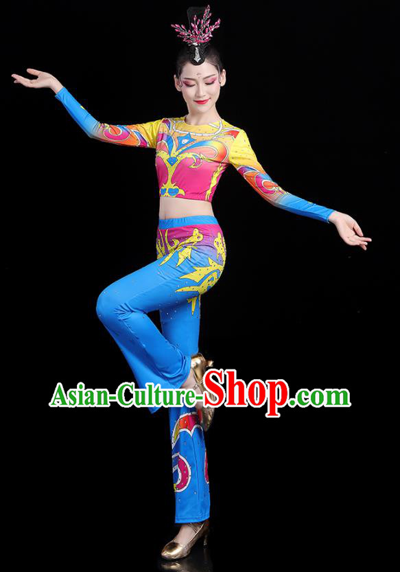 China Aerobics Bodybuilding Competition Clothing Group Dance Costume Cheerleading Girl Blue Outfits