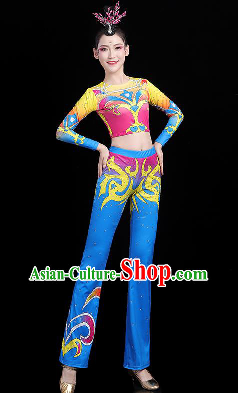China Aerobics Bodybuilding Competition Clothing Group Dance Costume Cheerleading Girl Blue Outfits