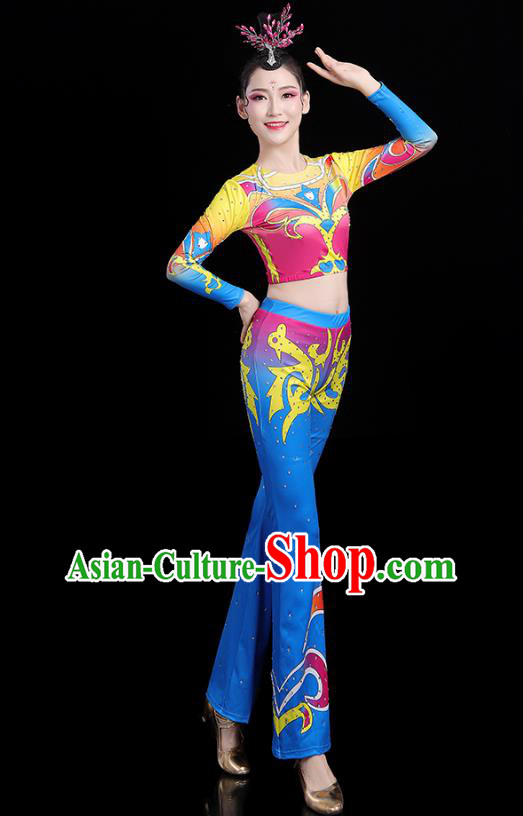 China Aerobics Bodybuilding Competition Clothing Group Dance Costume Cheerleading Girl Blue Outfits
