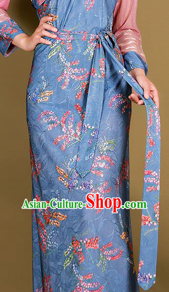 China Tibetan Kangba Woman Blue Bola Dress Traditional Zang Nationality Minority Clothing