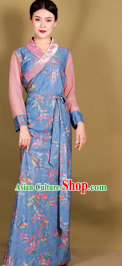 China Tibetan Kangba Woman Blue Bola Dress Traditional Zang Nationality Minority Clothing