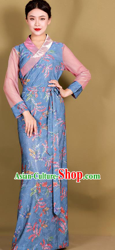 China Tibetan Kangba Woman Blue Bola Dress Traditional Zang Nationality Minority Clothing