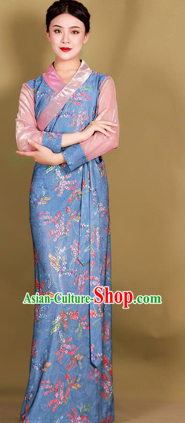 China Tibetan Kangba Woman Blue Bola Dress Traditional Zang Nationality Minority Clothing
