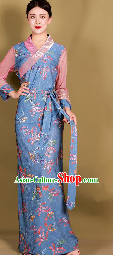 China Tibetan Kangba Woman Blue Bola Dress Traditional Zang Nationality Minority Clothing