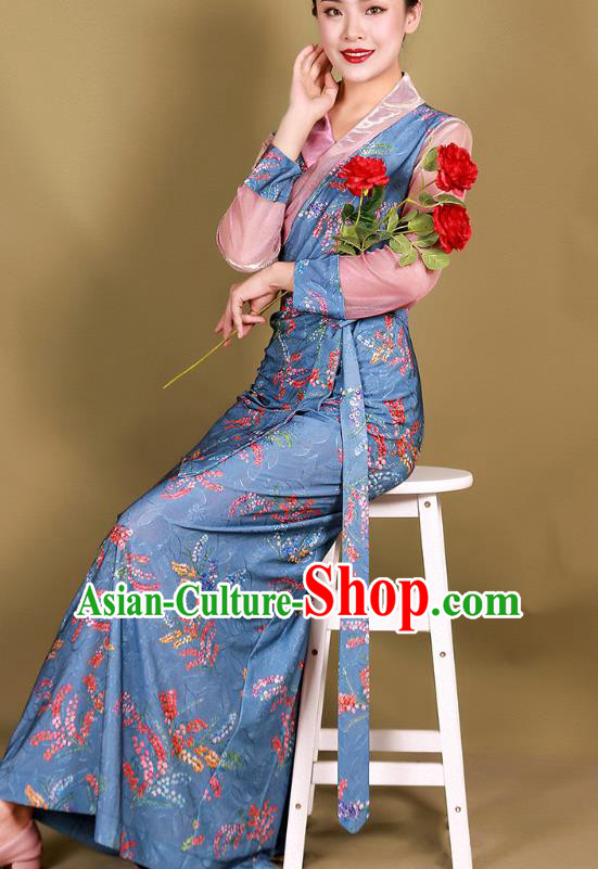 China Tibetan Kangba Woman Blue Bola Dress Traditional Zang Nationality Minority Clothing