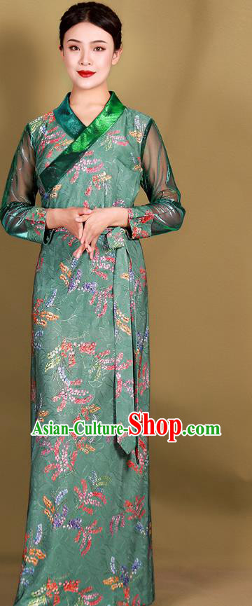 China Traditional Zang Nationality Minority Clothing Tibetan Kangba Woman Green Bola Dress