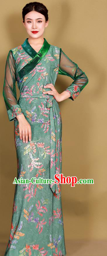 China Traditional Zang Nationality Minority Clothing Tibetan Kangba Woman Green Bola Dress