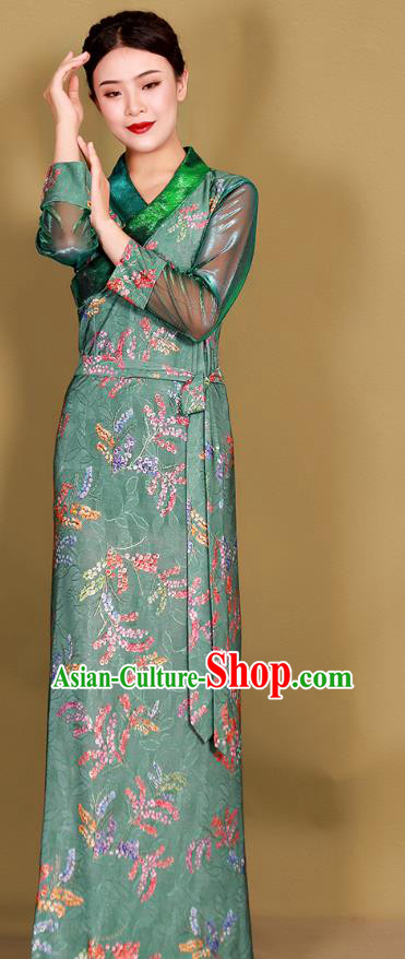 China Traditional Zang Nationality Minority Clothing Tibetan Kangba Woman Green Bola Dress