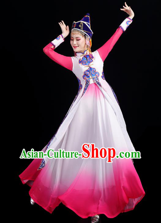 Chinese Mongolian Ethnic Minority Stage Performance Pink Dress Traditional Mongol Nationality Folk Dance Costumes