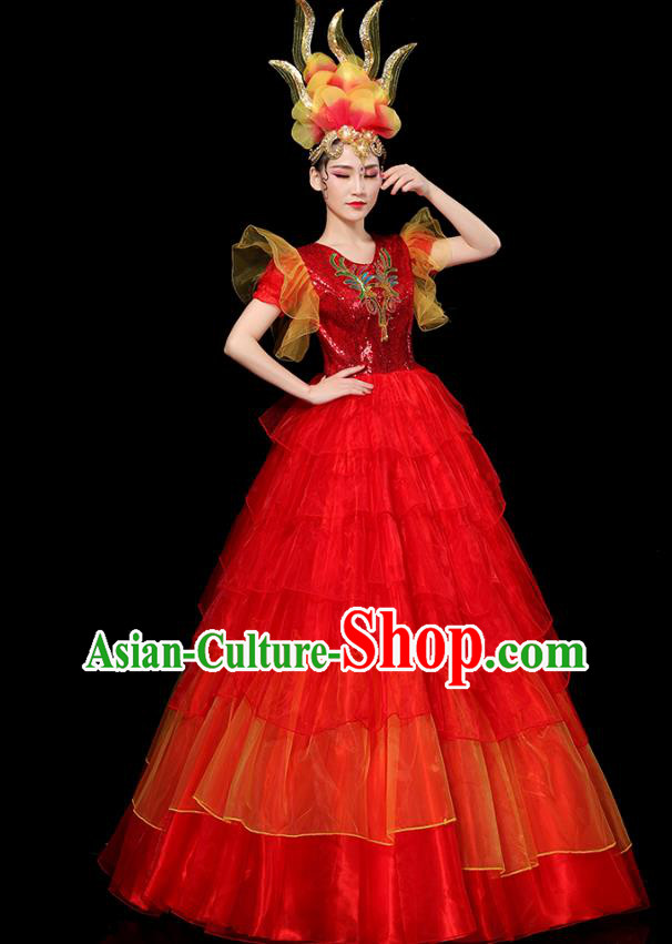 China Spring Festival Gala Opening Dance Red Dress Chorus Group Performance Clothing