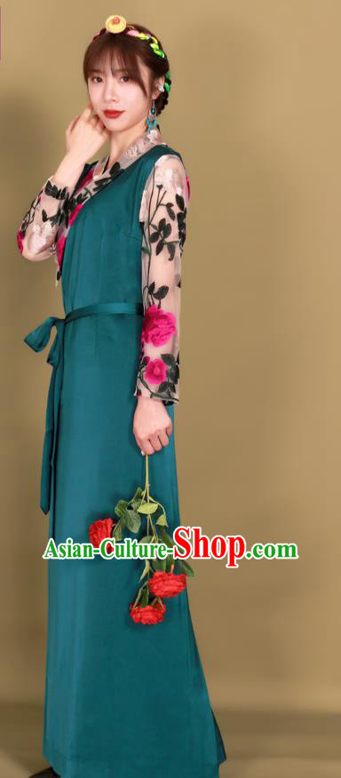 China Zang Nationality Kangba Clothing Traditional Tibetan Ethnic Woman Deep Green Bola Dress