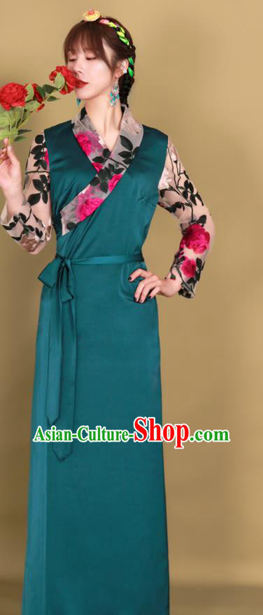China Zang Nationality Kangba Clothing Traditional Tibetan Ethnic Woman Deep Green Bola Dress