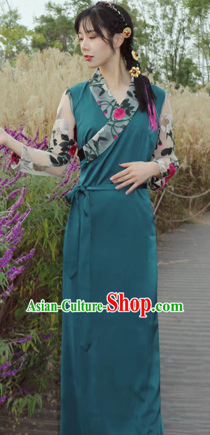 China Traditional Tibetan Ethnic Blue Bola Dress Zang Nationality Kangba Woman Clothing
