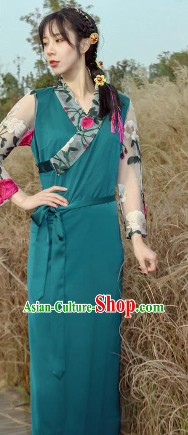 China Traditional Tibetan Ethnic Blue Bola Dress Zang Nationality Kangba Woman Clothing