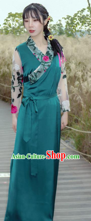 China Traditional Tibetan Ethnic Blue Bola Dress Zang Nationality Kangba Woman Clothing