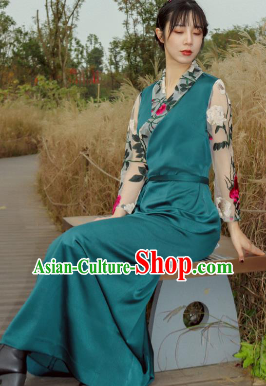 China Traditional Tibetan Ethnic Blue Bola Dress Zang Nationality Kangba Woman Clothing