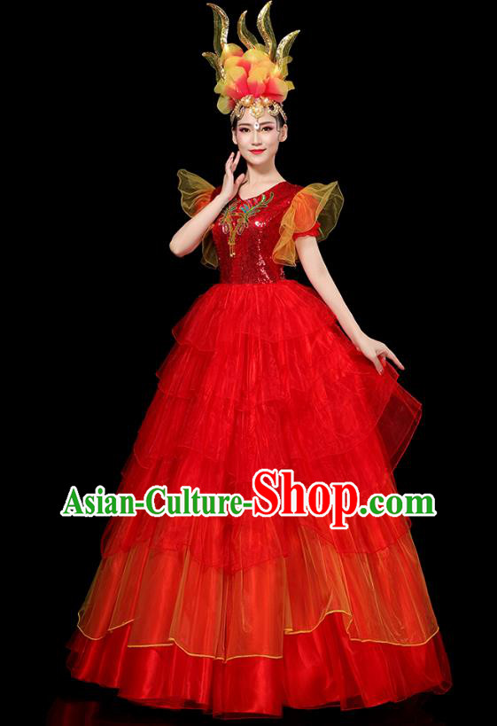 China Spring Festival Gala Opening Dance Red Dress Chorus Group Performance Clothing