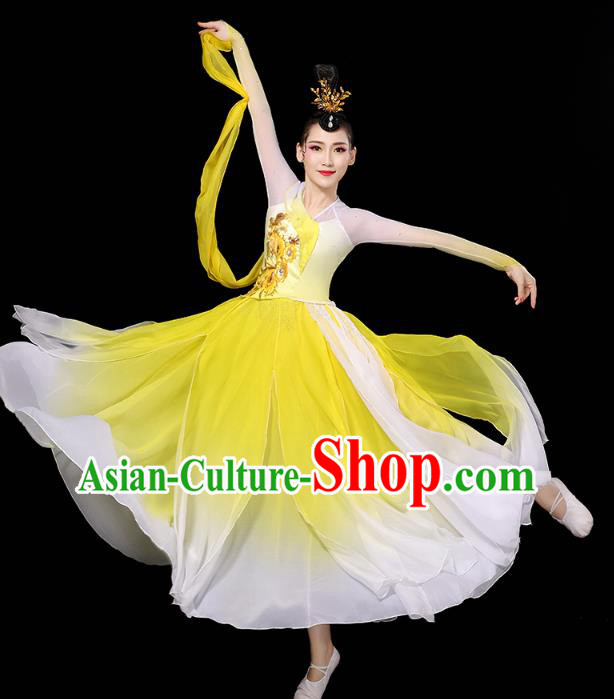 Chinese Goddess Group Dance Clothing Classical Dance Yellow Dress Traditional Stage Performance Costume