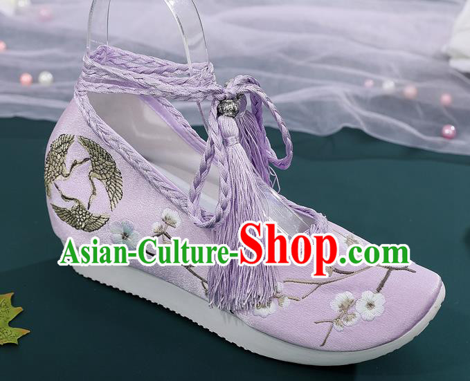 China Ancient Princess Embroidered Shoes National Lilac Satin Shoes Traditional Hanfu Shoes