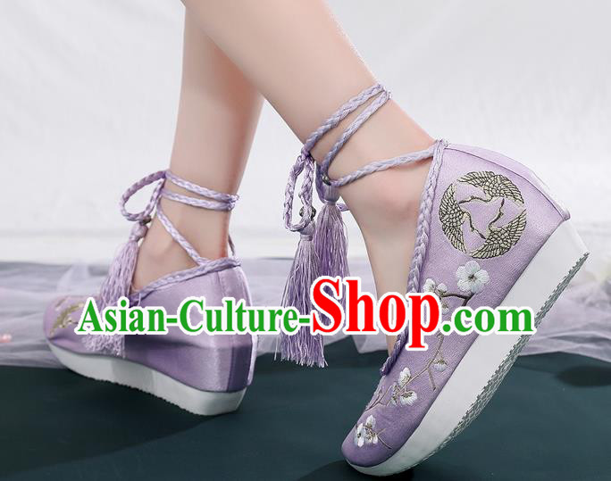 China Ancient Princess Embroidered Shoes National Lilac Satin Shoes Traditional Hanfu Shoes
