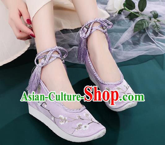 China Ancient Princess Embroidered Shoes National Lilac Satin Shoes Traditional Hanfu Shoes