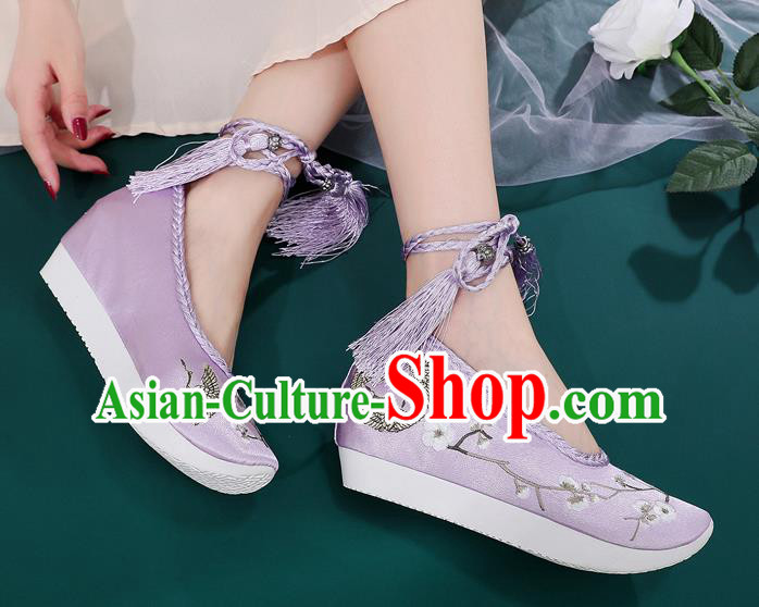 China Ancient Princess Embroidered Shoes National Lilac Satin Shoes Traditional Hanfu Shoes