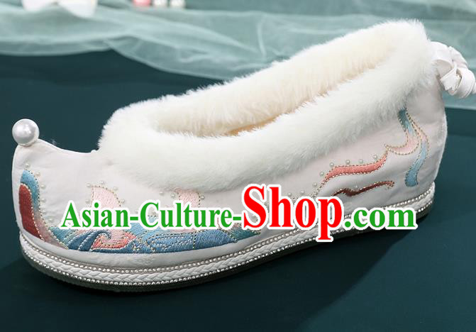 China Ancient Hanfu Embroidered Bow Shoes National Woman Winter White Cloth Shoes Traditional Ming Dynasty Princess Shoes