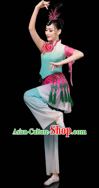 China Folk Dance Performance Blue Outfits Yangko Dance Clothing Traditional Fan Dance Costume