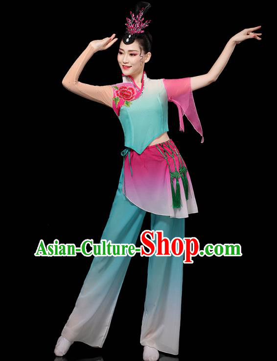 China Folk Dance Performance Blue Outfits Yangko Dance Clothing Traditional Fan Dance Costume