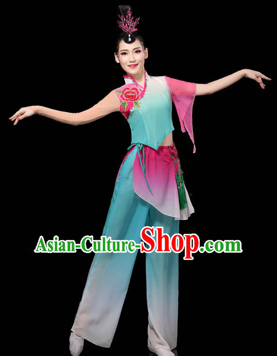 China Folk Dance Performance Blue Outfits Yangko Dance Clothing Traditional Fan Dance Costume