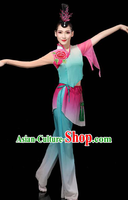 China Folk Dance Performance Blue Outfits Yangko Dance Clothing Traditional Fan Dance Costume