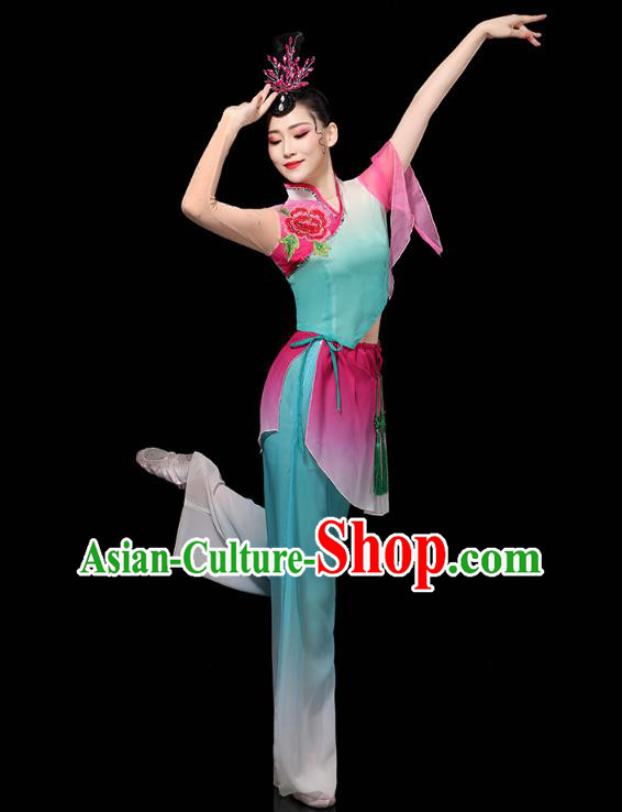 China Folk Dance Performance Blue Outfits Yangko Dance Clothing Traditional Fan Dance Costume