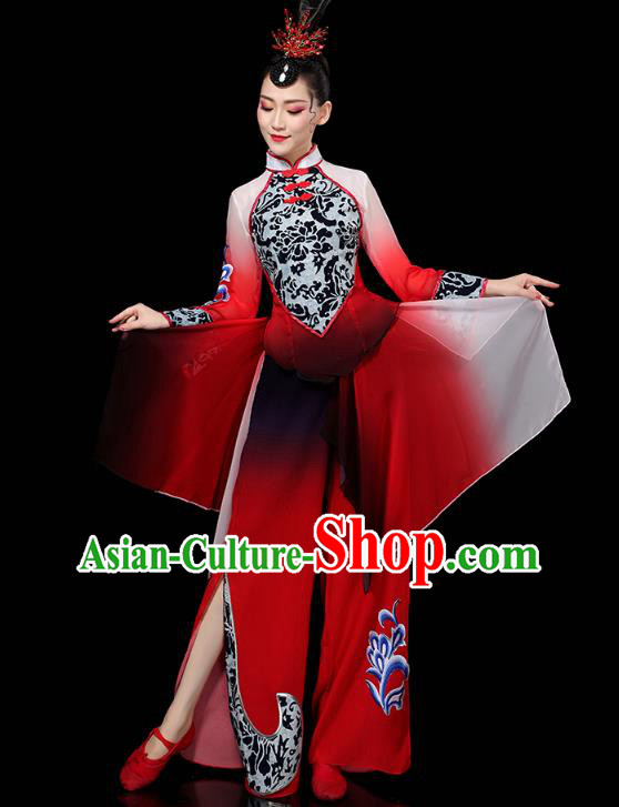 China Traditional Fan Dance Performance Costume Folk Dance Red Outfits Yangko Group Dance Clothing