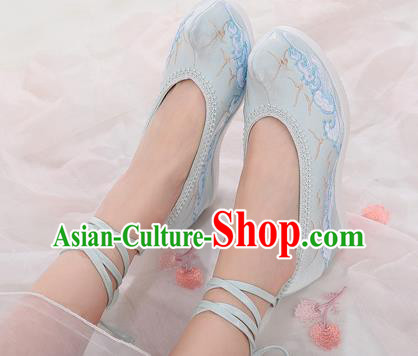 China Handmade Light Blue Cloth Shoes National Woman Wedges Shoes Traditional Embroidered Waves Shoes