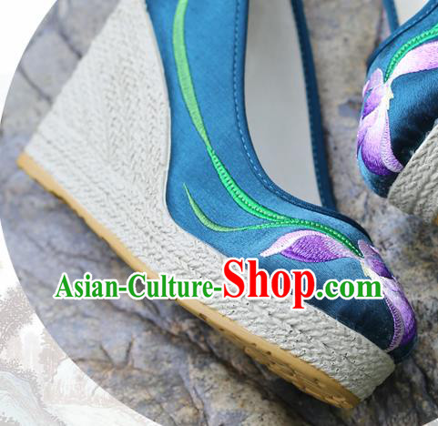 Chinese Yunnan Ethnic Folk Dance Wedge Heel Shoes National Embroidered Orchids Navy Satin Shoes