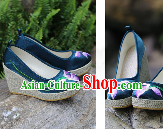 Chinese Yunnan Ethnic Folk Dance Wedge Heel Shoes National Embroidered Orchids Navy Satin Shoes