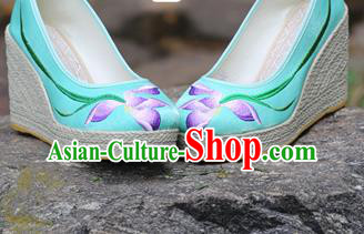 Chinese National Embroidered Orchids Green Satin Shoes Yunnan Ethnic Folk Dance Wedge Heel Shoes