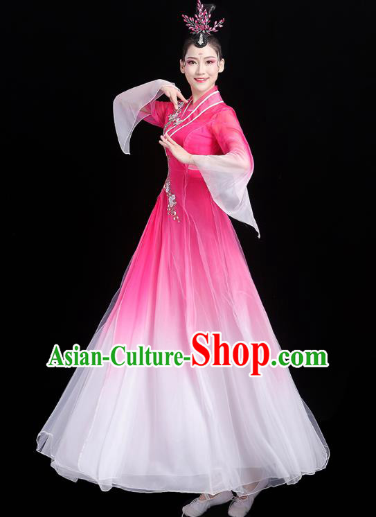 Chinese Classical Dance Rosy Dress Traditional Group Dance Performance Costume Umbrella Dance Clothing
