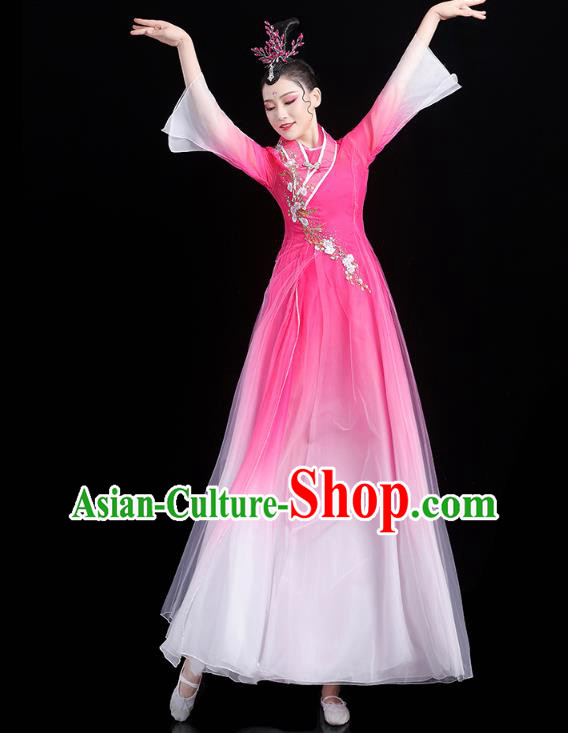 Chinese Classical Dance Rosy Dress Traditional Group Dance Performance Costume Umbrella Dance Clothing