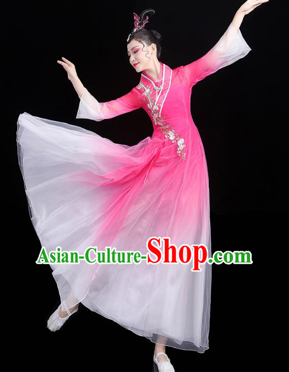 Chinese Classical Dance Rosy Dress Traditional Group Dance Performance Costume Umbrella Dance Clothing