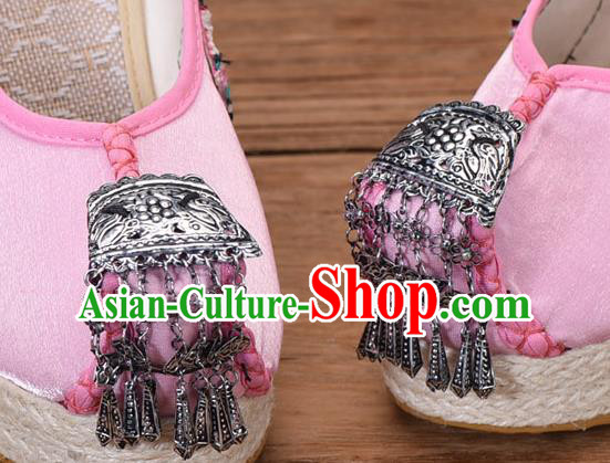 Chinese National Embroidered Pink Cloth Shoes Yunnan Ethnic Silver Tassel Wedge Heel Shoes