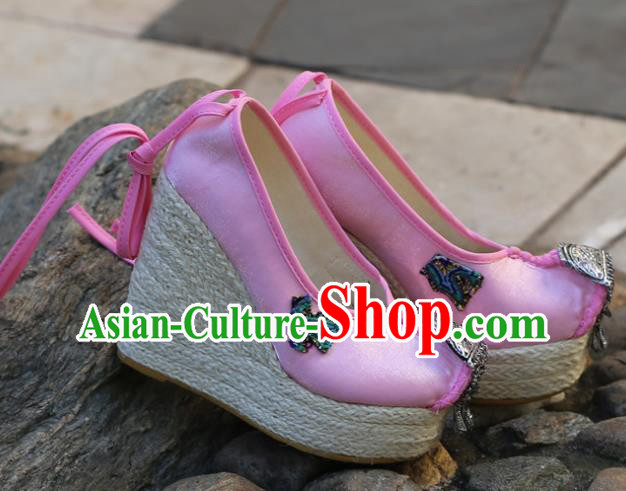 Chinese National Embroidered Pink Cloth Shoes Yunnan Ethnic Silver Tassel Wedge Heel Shoes